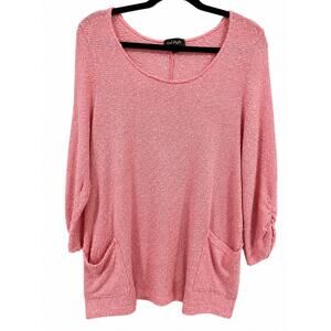 Cal Style USA Pink Boucle Knit Top XL Boho Coastal Grandma Ruched Sleeve Pockets